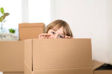 Yeni evindeki karton kutuda oynayan tatlı çocuk..