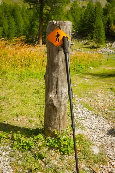 wooden pole with trekking pole in an alpine valley in summer