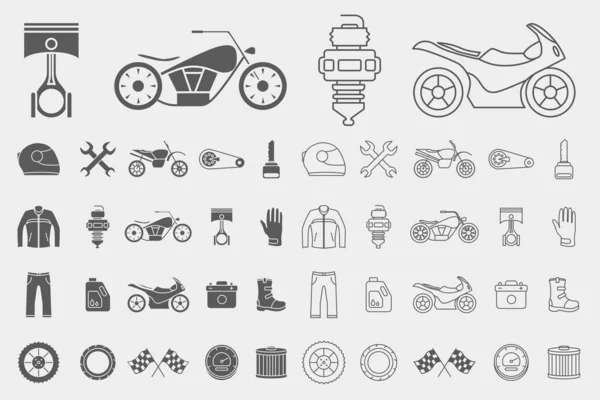 Moto Icons Set Vector Outline Symbols Silhouettes Motorcycle Engine Wheel — Stock Vector