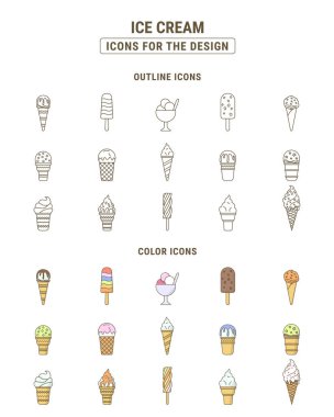 Dondurma Simgeleri seti - Web sitesi veya arayüz için vektör renk sembolleri ve tatlıların ana hatları