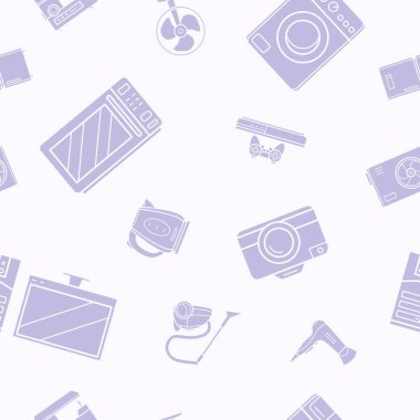 Elektronik - Görüntü tasarımı için siluet kamera, bilgisayar, çamaşır makinesi, televizyon ve diğer cihazların vektör arkaplanı (kusursuz desen)