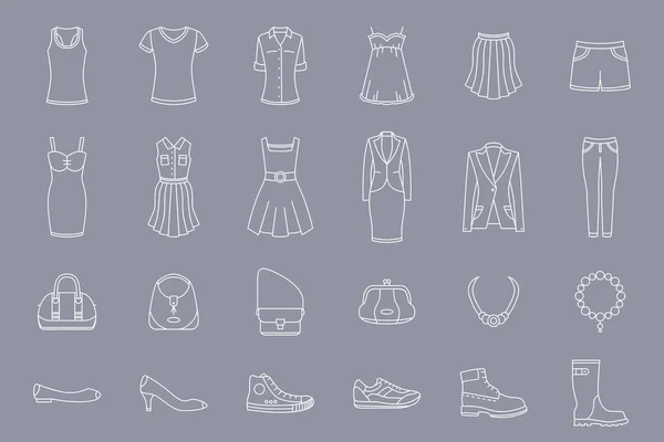 Conjunto Ícones Roupas Femininas Vector Esboço Símbolos Vestido Sapatos Saia — Vetor de Stock