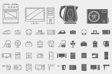 Elektronik Simgeler seti - Kamera, bilgisayar, çamaşır makinesi, televizyon ve arayüz için diğer aygıtların vektör ana hatları ve siluetleri