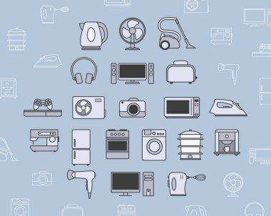 Elektronik Simgeler seti - Web sitesi veya arayüz için vektör renk sembolleri ve kamera, bilgisayar, çamaşır makinesi, televizyon ve diğer aygıtların ana hatları