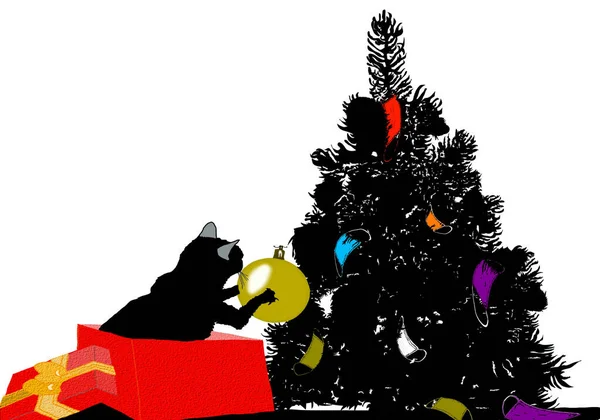 크리스마스 트리에 고양이와 크리스마스 공놀이를 — 스톡 사진