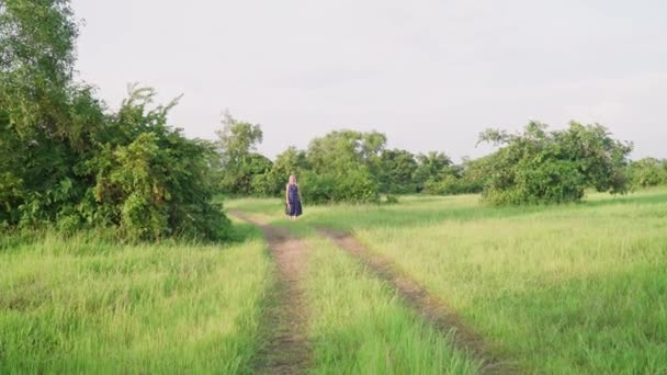 Kobieta idzie na łąkę z psem. — Wideo stockowe