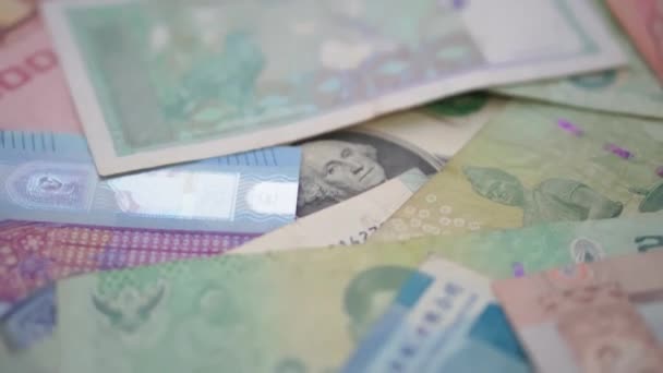 Insamling av världens pengar valutor utspridda i bakgrunden — Stockvideo