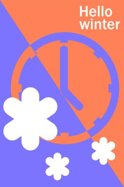 Kar saati. Kış baskısı şablonu, el ilanları, kartlar, broşürler, posterler için kış teması. Sosyal ağlarınız için arka plan. Düz vektör tasarımı.