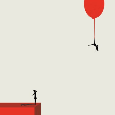 Bir kadın, sorunlarını çözmek için bir yol bulmak için gökyüzüne bakar. Yardım, minimalist tarzda bir iş konsepti, fırsatların sembolü, liderlik. Vektör