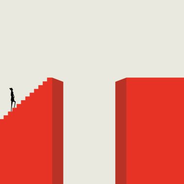 Kadın işadamı sorunu çözmek için merdivenleri çıkıyor, yardım, minimalist tarzda iş kavramı, fırsatların sembolü, liderlik. Vektör