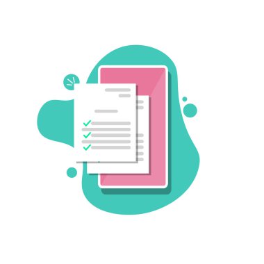 Cep telefonundaki belge kontrol listesiyle çevrimiçi form. Akıllı telefon ekranında işaretler. Modern web sitesi kavramı, düz tasarım illüstrasyon