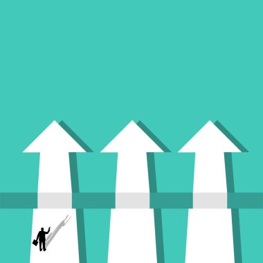 İş stratejisi, terfi, yol seçimi, üç yönlü oklar. İş adamı ve oklarla ilgili vektör kavramı. Başarı, hırs, motivasyon ve kararlılığın sembolü.