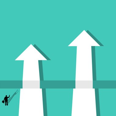 İş stratejisi, terfi, yol seçimi, iki yönlü oklar. İş adamı ve oklarla ilgili vektör kavramı. Başarı, hırs, motivasyon ve kararlılığın sembolü.