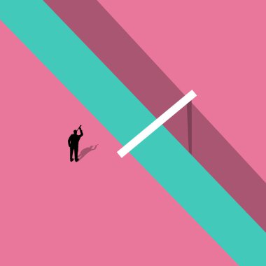 İş adamı bir engeli aşar, meydan okuma kavramını. Hırs, karar, başarı, kariyer gelişimi ve başarının sembolü. Minimalizm, vektör illüstrasyonu