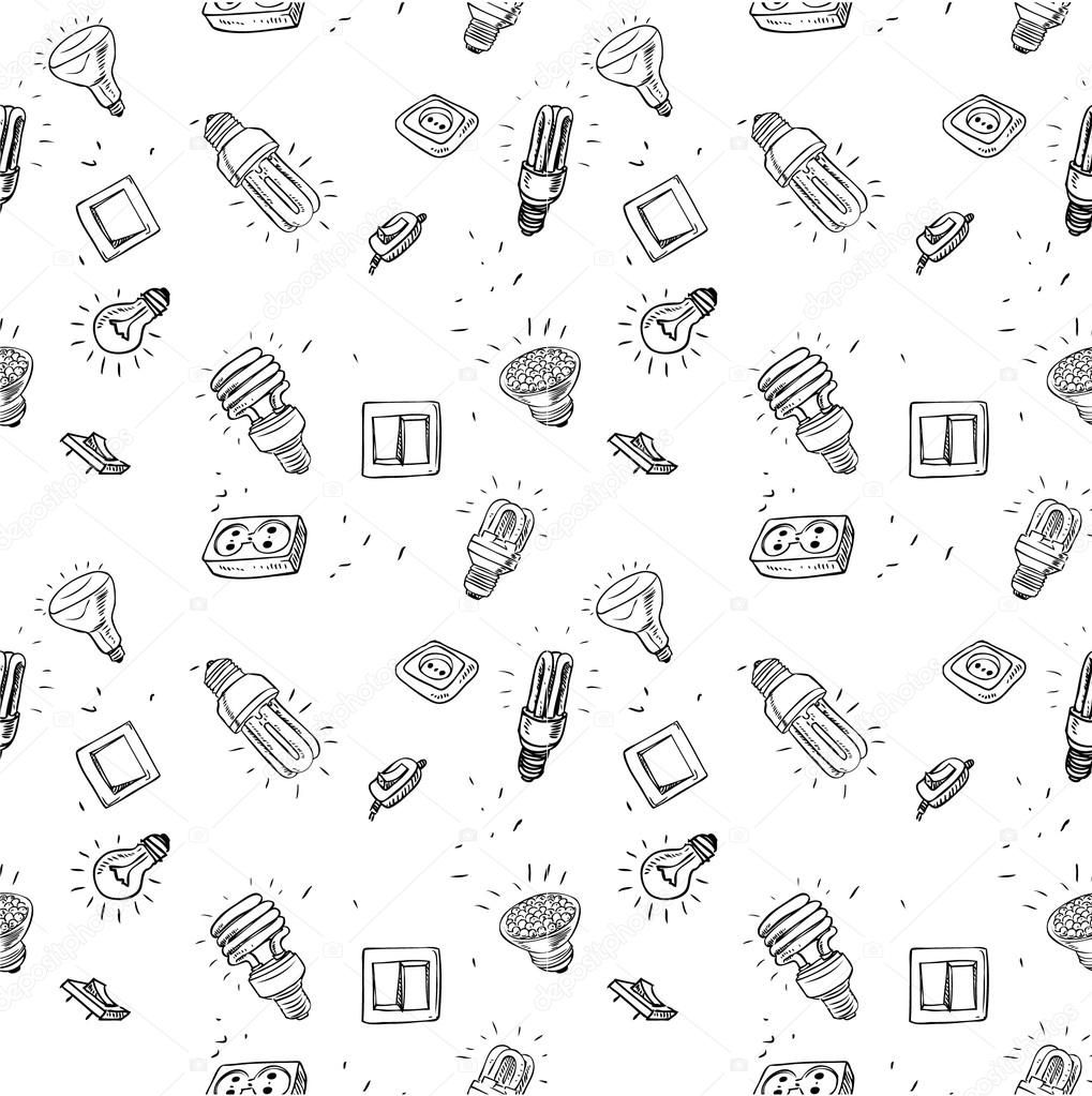 Sketch of different light bulbs switches and sockets, seamless b