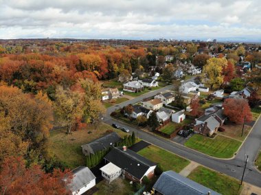 Newport, Delaware, ABD - 11 Kasım 2021 Sonbahar yeşilliklerinin çarpıcı renkleriyle çevrili yerleşim yerlerinin havadan görünüşü