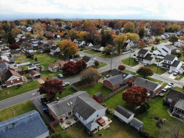 Newport, Delaware, ABD - 11 Kasım 2021 Sonbahar yeşilliklerinin çarpıcı renkleriyle çevrili yerleşim yerlerinin havadan görünüşü