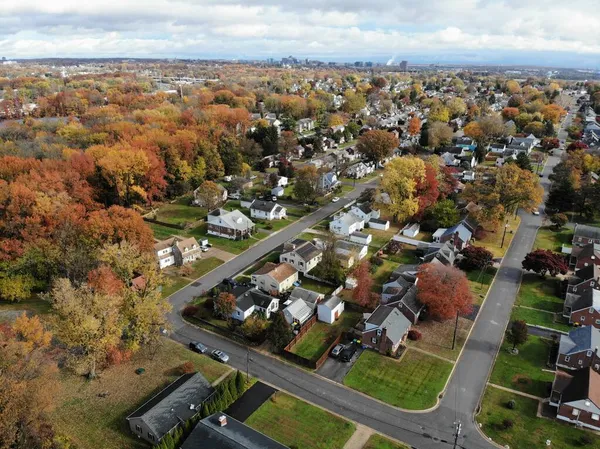 Newport, Delaware, ABD - 11 Kasım 2021 Sonbahar yeşilliklerinin çarpıcı renkleriyle çevrili yerleşim yerlerinin havadan görünüşü