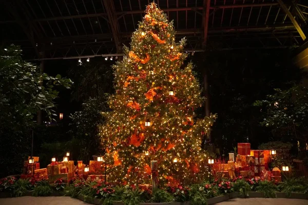 Krásný Vánoční Stromek Zdobený Červenými Stuhami Světly Ozdobami — Stock fotografie