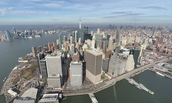 Het Adembenemende Uitzicht Wolkenkrabbers Manhattan Genomen Vanuit Een Helikoptervlucht New — Stockfoto