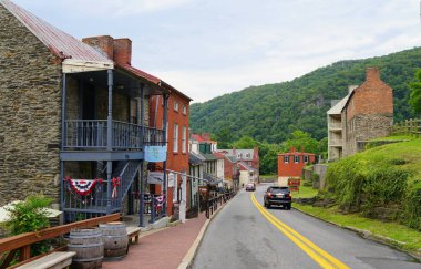 Harpers Ferry, West Virginia, U.S.A - August 22, 2021 - The view of the residential and commercial buildings on the main road