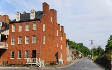 Harpers Ferry, West Virginia, U.S - August 22, 2021 - The view of the main road by the brick office building in town