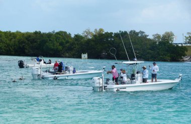 Islamorada, Florida, ABD - 22 Şubat 2022 Körfez kıyısında küçük balıkçı tekneleri