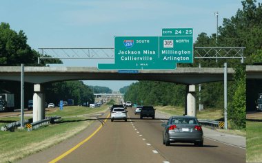 Tennessee, U.S.A - June 23, 2022 - The highway signs into Interstate 269 South into Jackson, Mississippi and Collierville, and 385 North into Millington and Arlington