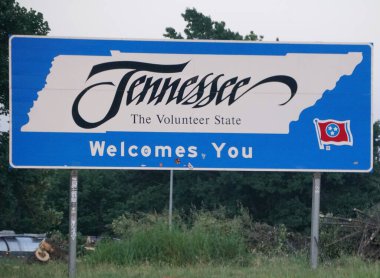 Memphis, Tennessee, U.S.A - June 23, 2022 - The blue and white welcome sign into the state