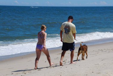 Dewey Beach, Delaware, U.S.A - August 13, 2022 - A couple walking with a dog on the beach