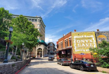 Eureka Springs, Arkansas, U.S.A - June 23, 2022 - The view of shops and historic buildings on the Main Street