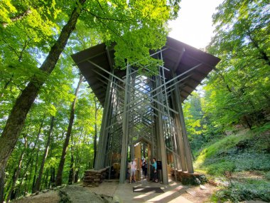 Caroll County, Arkansas, U.S.A - June 23, 2022 - The unique architecture of the Thorncrown Chapel