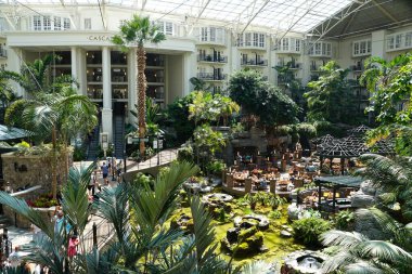Nashville, Tennessee, U.S.A - June 26, 2022 - The restaurant and tropical plants inside of Gaylord Opryland Resort and Convention Center