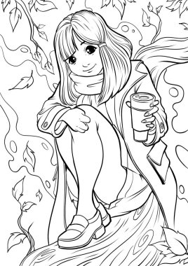 Young beautiful girl with long hair. Outline hand drawing coloring page for adult coloring book. Stock line vector illustration. Outline drawing.