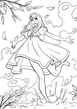 Hand drawn art, anime cartoon style. Cute anime girl with long hair. Vector illustration. Can be used for coloring book, tattoo, cards.