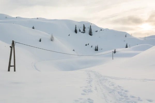 Электрическая линия, пересекающая тропу в снегу — стоковое фото
