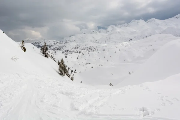 下り坂の実行スキー トラック — ストック写真