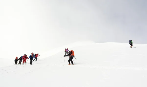 Sciatori di fondo che salgono su una montagna — Foto Stock