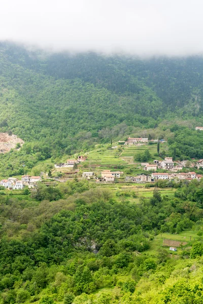 Uma cidade rodeada de floresta numa encosta montanhosa — Fotografia de Stock