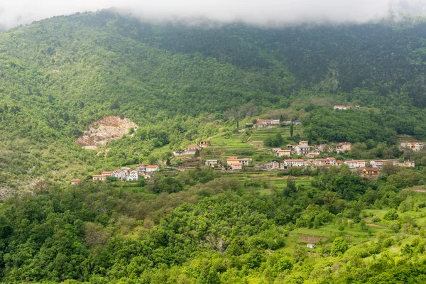 Una città circondata da boschi su un pendio di montagna — Foto Stock