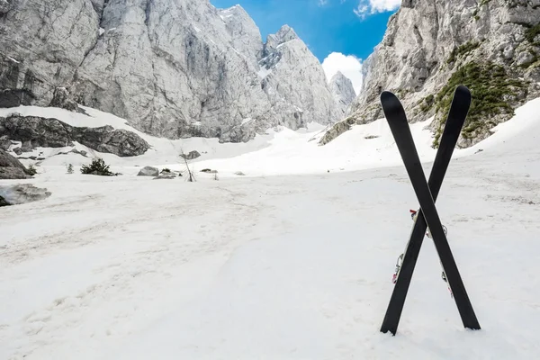 Valle alpino con un par de esquís cruzados — Foto de Stock
