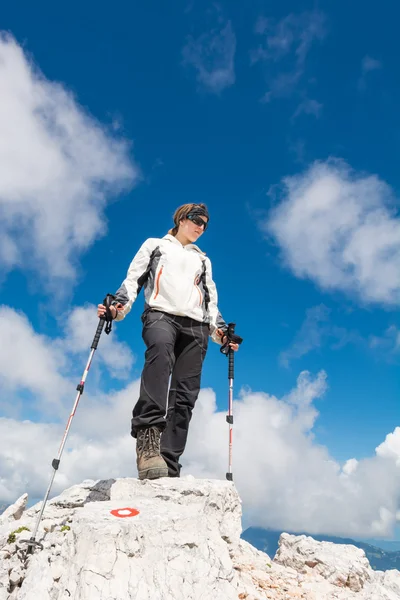 Mujer joven de pie en la cima de una montaña —  Fotos de Stock