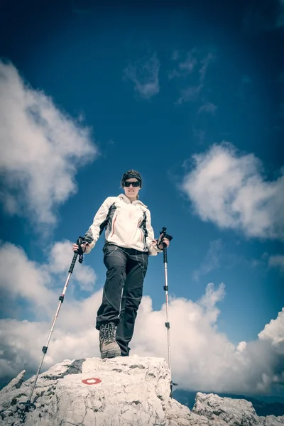 Young woman standing on top of a mountain — Stock Photo, Image