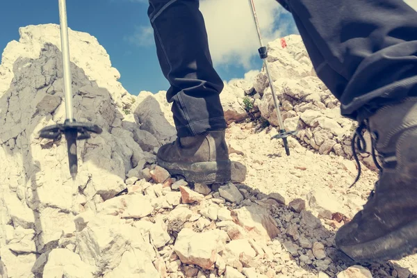 Close up of hiking shoes and trekking poles — Stock Photo, Image