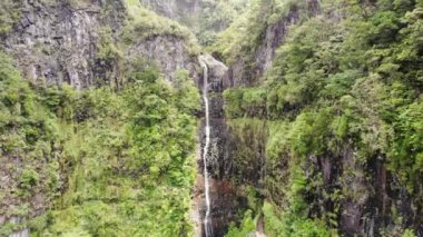 Uçurumdan düşen muhteşem orman şelalesinin hava görüntüleri..