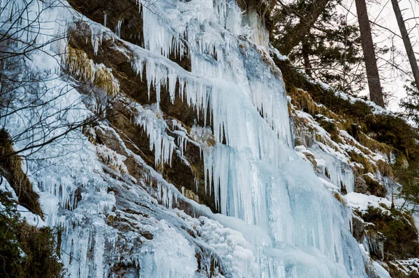 Winterlandschaft eines gefrorenen Wasserfalls, der in den Wald fällt. — Stockfoto