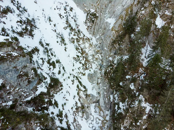 Blick auf einen Gebirgsfluss, der durch den Winterwald fließt. — Stockfoto