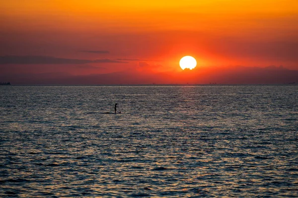 Persona Solitaria Cavallo Remare Sorso Tramonto Spettacolare Attività Sportive Mare — Foto Stock