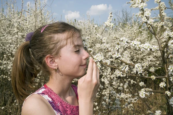Girl with white flowers smelling — Stock Photo, Image