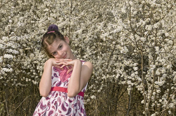 Chica con la cabeza de flores blancas en sus manos —  Fotos de Stock